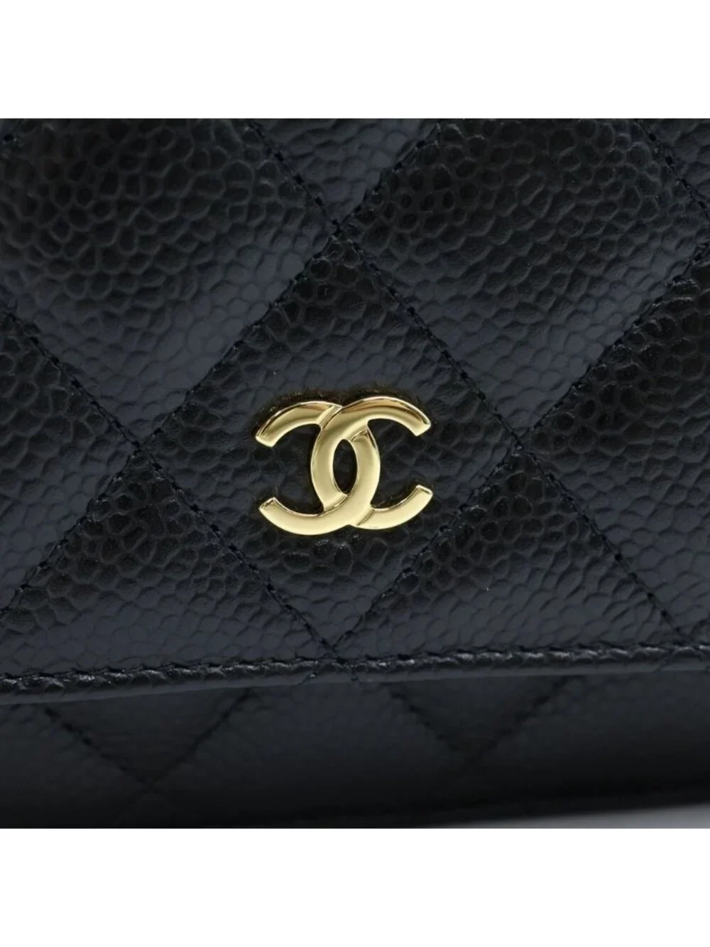 Chanel Quilted Caviar Leather Chain Wallet Shoulder Bag Gold Black Plate